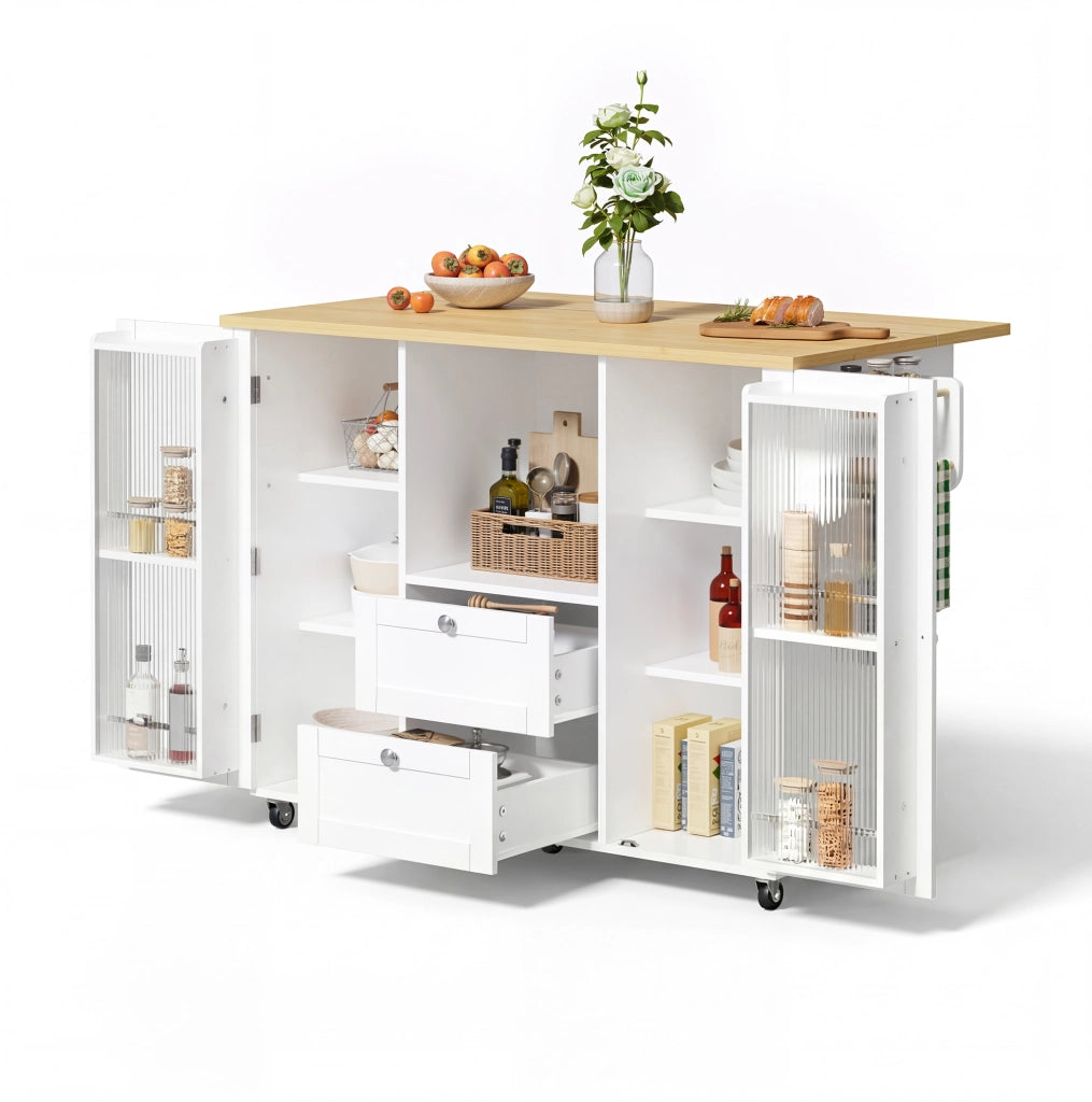 Isola da cucina su ruote con piano ribaltabile 120x45(70)x92 cm in MDF natural e bianco