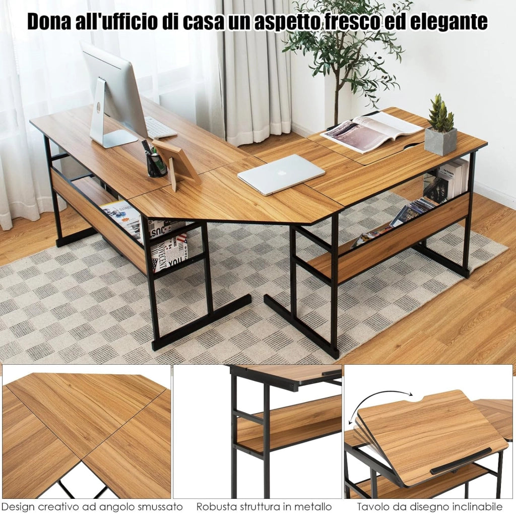 Scrivania Angolare 170 CM, Scrivania per Computer ad Angolo Moderna con Piano Inclinabile, Scaffale Inferiore e Supporto per CPU, Scrivania a Forma di L per Ufficio e Studio (Noce)
