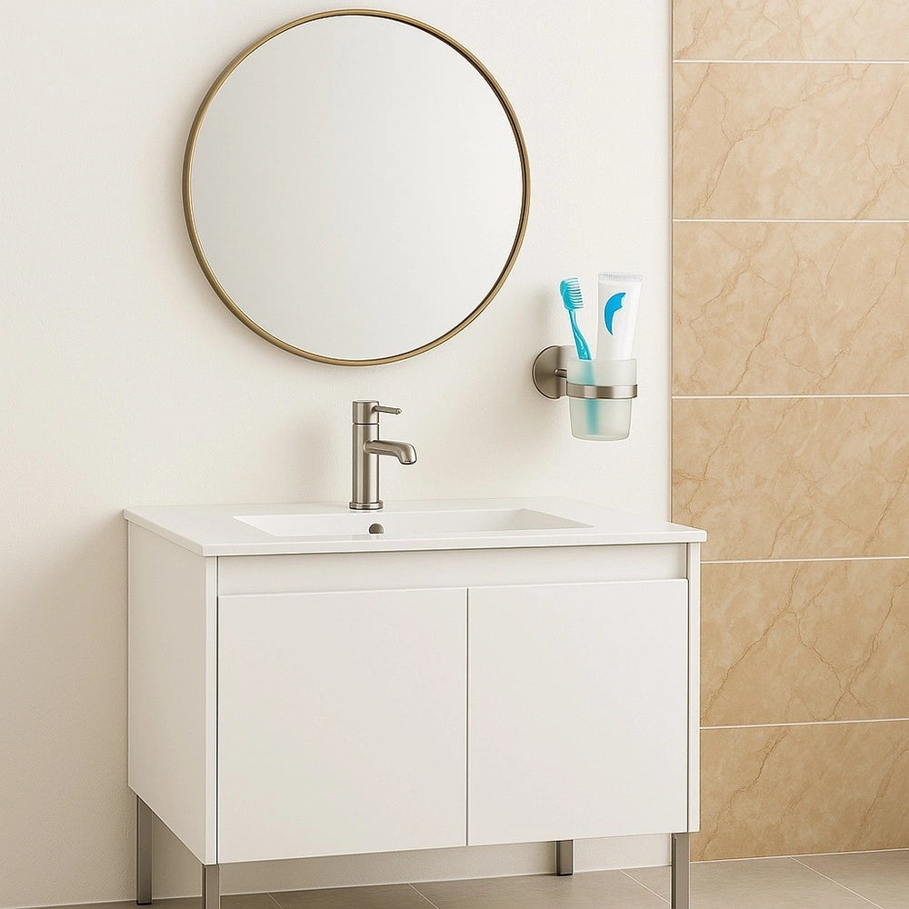 Trade Shop - Porta Spazzolini Da Denti In Acciaio Satinato Con Bicchiere Vetro Satinato Bagno 87906 -