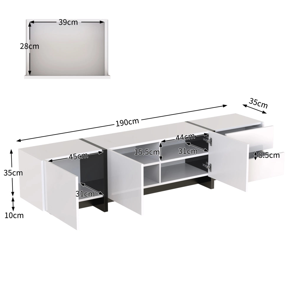 Cassettiera TV bianca lucida e nera; in truciolato; lunghezza 190 cm