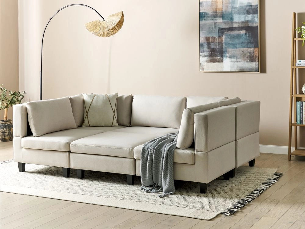 Divano moderno modulare a 5 posti con ottomana imbottito in tessuto poliestere con schienale imbottito a forma di U Beige chiaro soggiorno