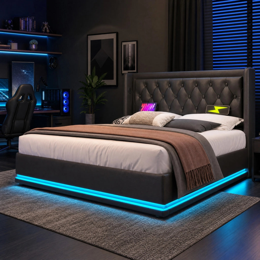LETTO contenitore 160x200 cm in PU nero con USB Type-C e LED
