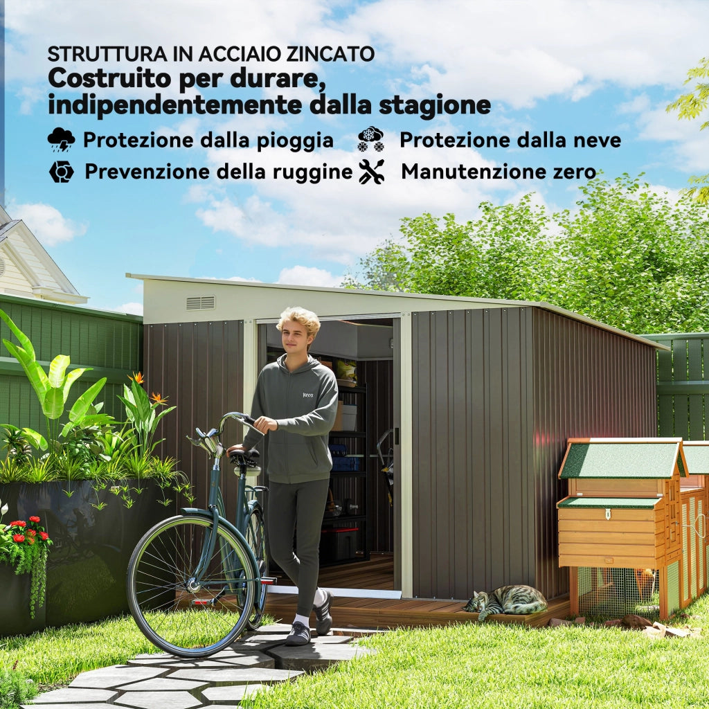 Casetta da Giardino con Porta Scorrevole, in Acciaio, 345x280.5x169-201cm, Grigio