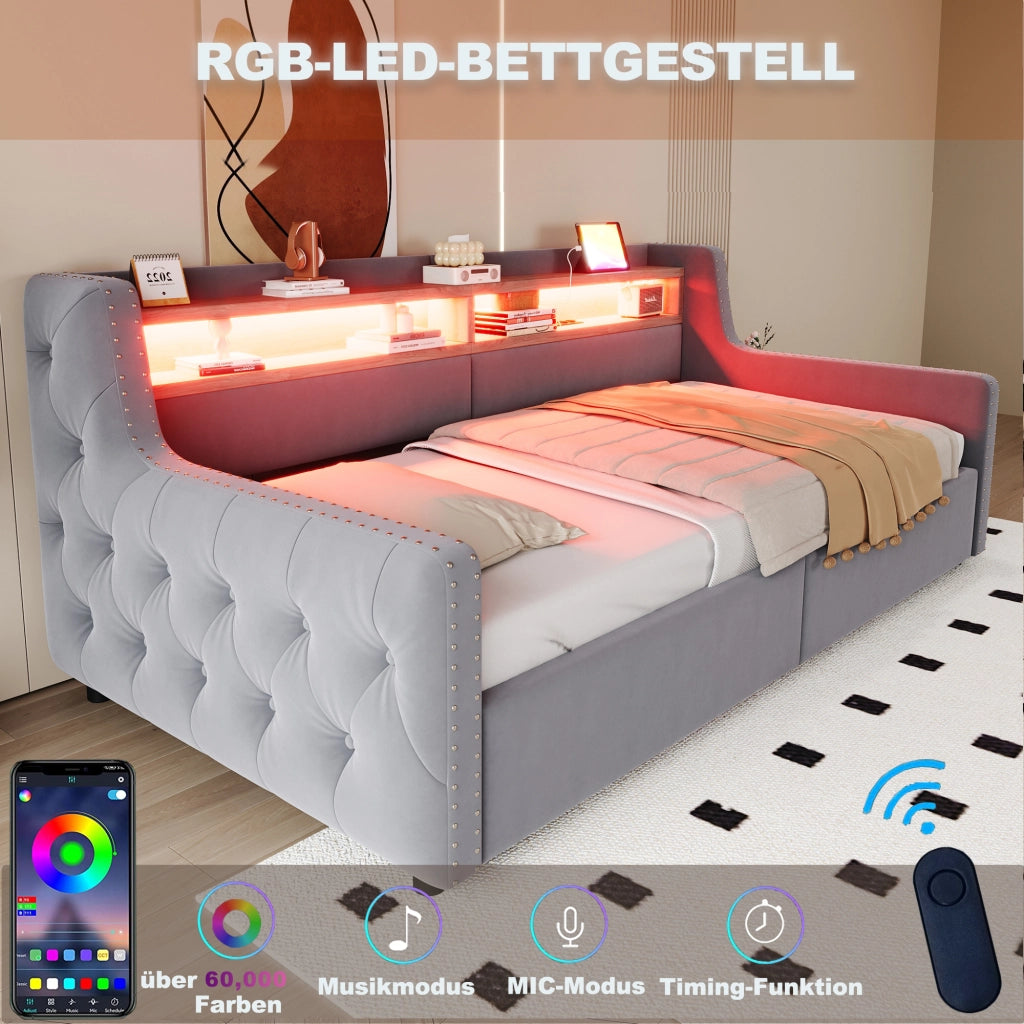 Letto singolo 90×200 cm con contenitore; LED; ripiano; USB e Type-C; senza materasso; velluto; grigio chiaro