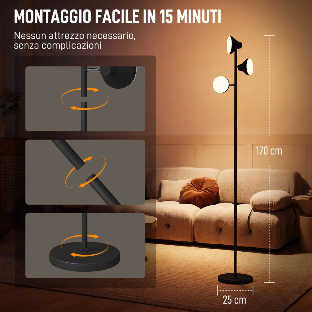 Lampada da Terra a 3 Bracci Regolabili ¨C Minimal ¨C Nero, Acciaio, Plastica, ?25x170 cm