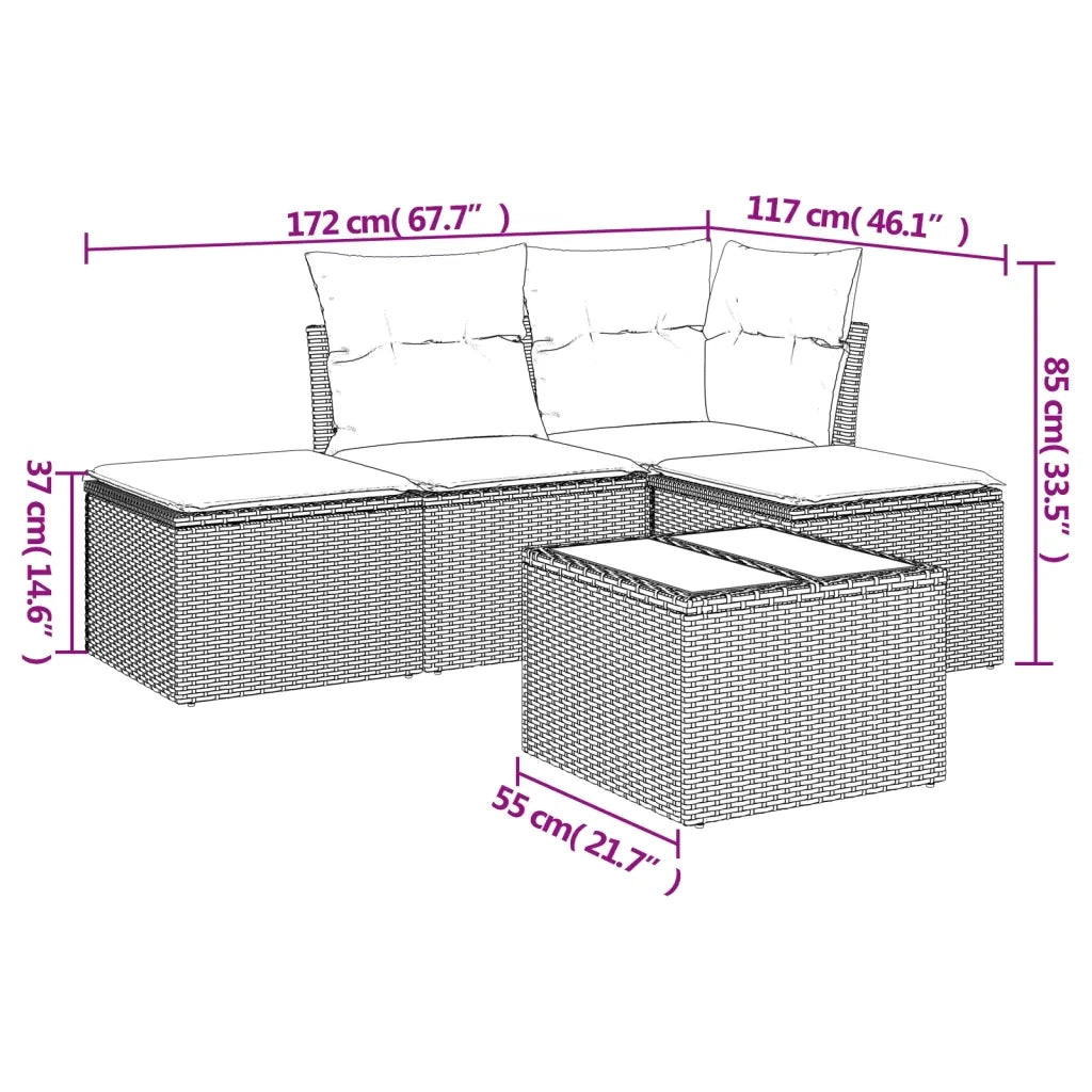 Set Divano da Giardino 5 pz con Cuscini Grigio in Polyrattan
