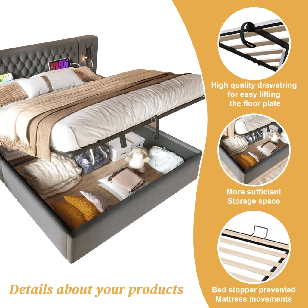 OKWISH Camera Da Letto Completa con Letto Contenitore Idraulico 160 x 200 cm, 2 Comodini e Luci Lettura USB, Velluto Grigio