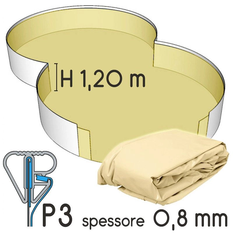 Liner Per Piscina A Forma Di Otto 4,70 X 3,00 H.1,50 M Azzurro - Attacco P1 - Spessore 0,80 Mm Tipo attacco: P3, Altezza: 1.20 m, Colore: Sabbia
