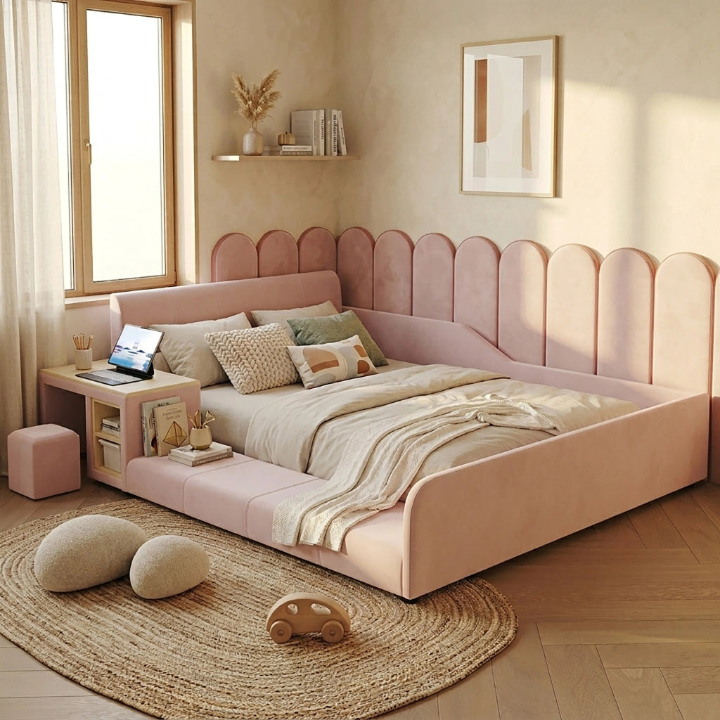 LETTO imbottito 140x200 cm Velluto Rosa con scrivania, sgabello e ripiano