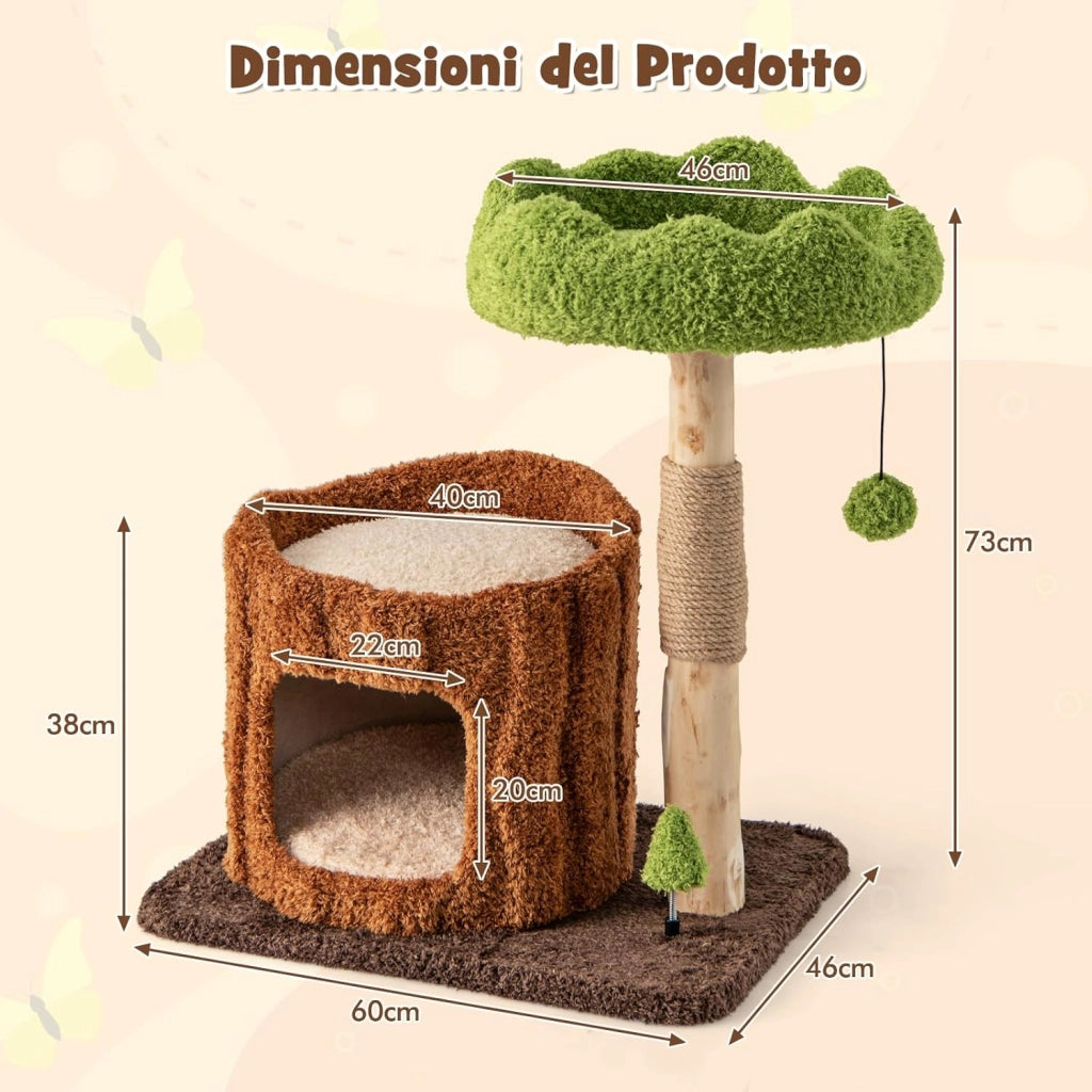 Tiragraffi a Forma di Albero per Gatti 73cm, Albero per Animali Domestici con Pali per Graffiare, Trespolo Superiore e Piattaforma Rotonda Ampia, Torre Moderno Interno, Marrone e Verde