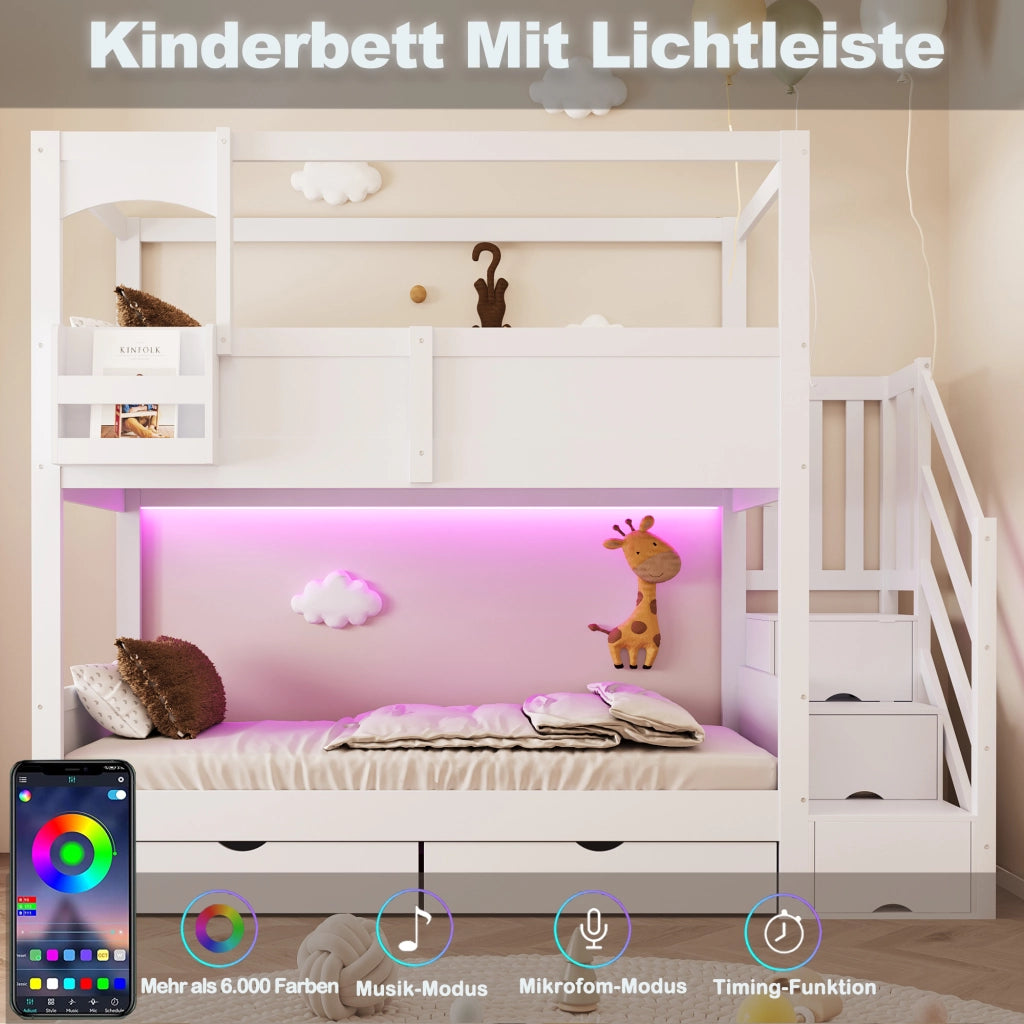 Letto a castello per bambini 90 × 200 cm con lavagna, scala contenitore e 2 cassetti, senza materasso, bianco