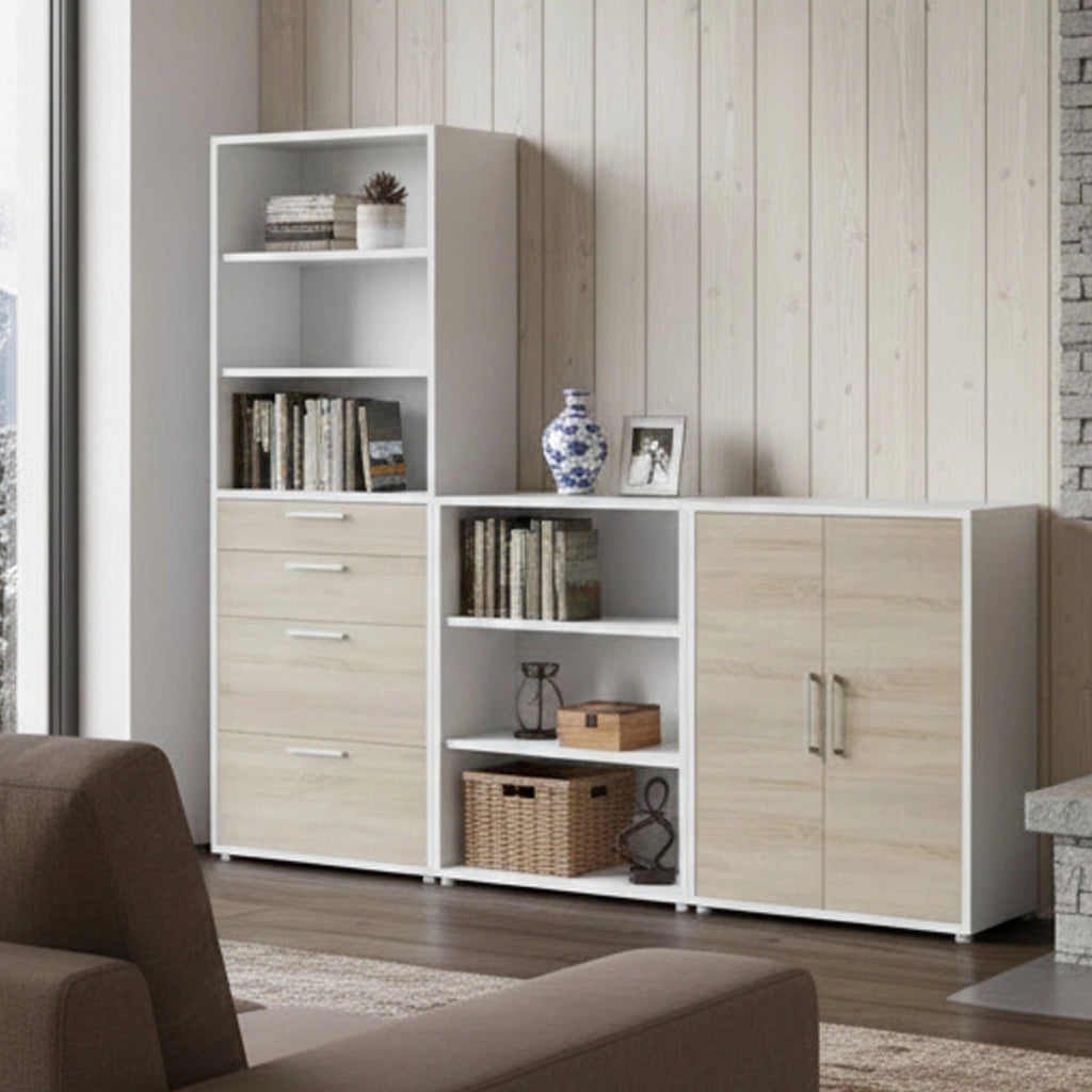 Credenza Acceglio, Buffet da soggiorno, Madia da salotto, Dispensa da cucina, 267x40 h222 cm, Bianco e Quercia