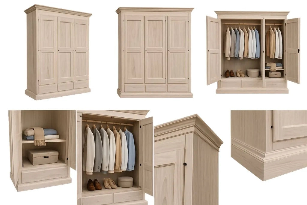 Armadio classico 3 porte 3 cassetti legno grezzo 182x61x221 (611) - Mobili 2G