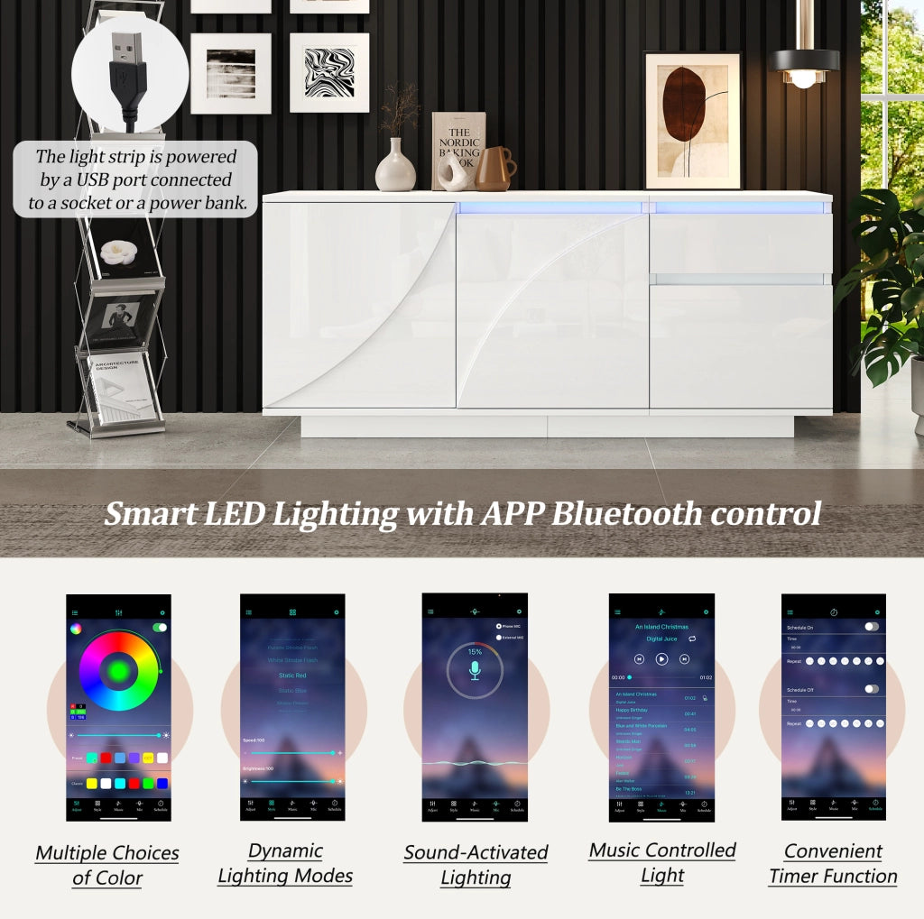 Sideboard bianco 140x40x60 cm con 3 ante; 1 cassetto; LED e ripiani regolabili in MDF