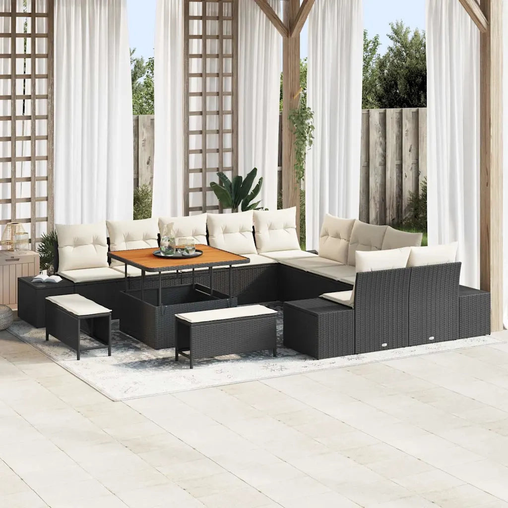 Set Divano da Giardino con cuscino 13 pcs Nero Poly Rattan