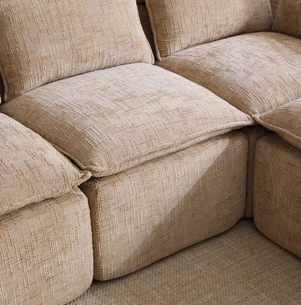 Divano modulare 3 posti con pouf; cuscini e tasche laterali; in ciniglia kaki; 256x161x75 cm