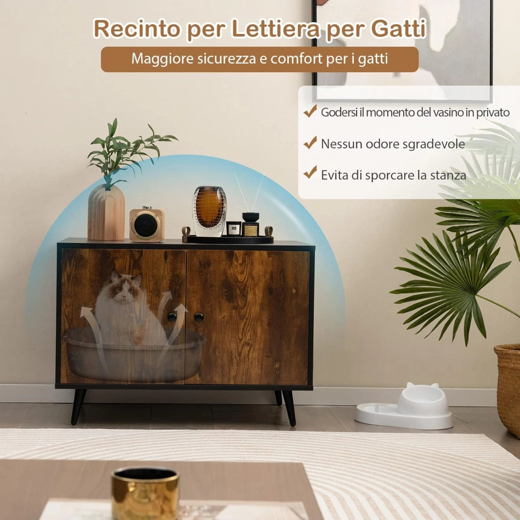 Mobile per Lettiera per Gatti, Casetta per Gatti con Divisore e 2 Ingressi a Forma di Testa di Gatto, Tavolino in Legno Versatile per Salotto, 80 x 50 x 57 cm, Marrone e Nero