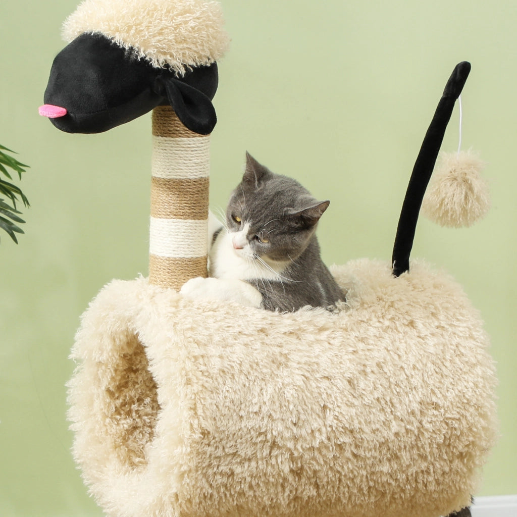 Tiragraffi per Gatti a Forma di Pecora ¨C Xylo ¨C con Palo, Tunnel e Giocattoli, 98cm, Beige Chiaro