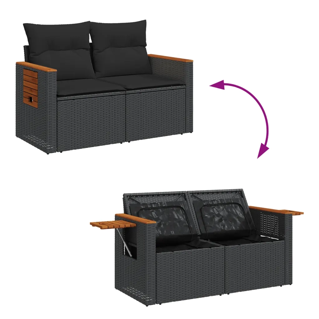 Divano da Giardino con Cuscini a 2 Posti Nero in Polyrattan 365994
