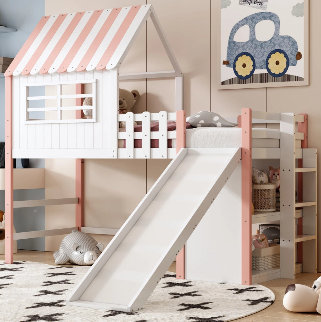 Letto a soppalco per bambini 90x200 cm con scivolo, scala e vani contenitivi rosa