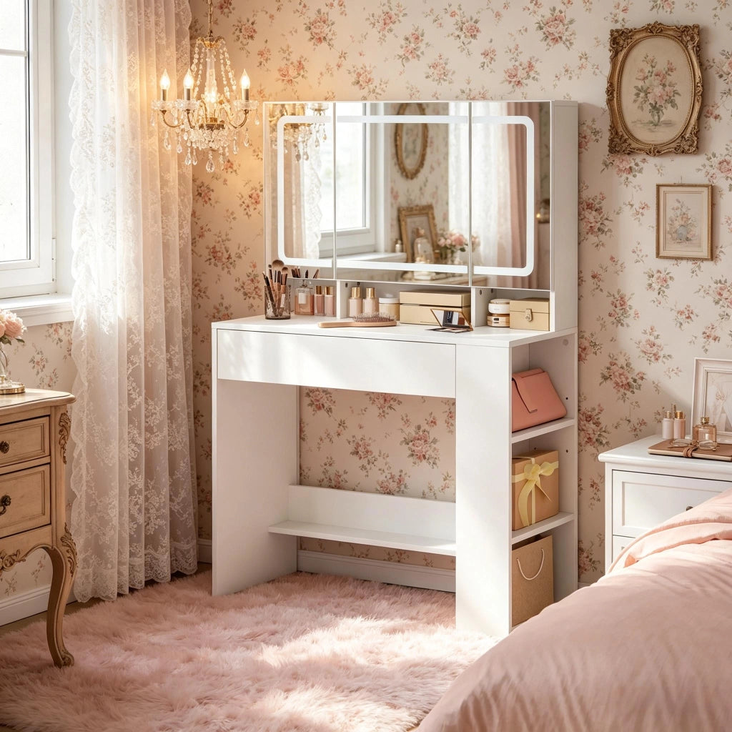 Toeletta con specchio LED dimmerabile, cassetto e mobiletto laterale in MDF bianco 90 × 40 × 135 cm
