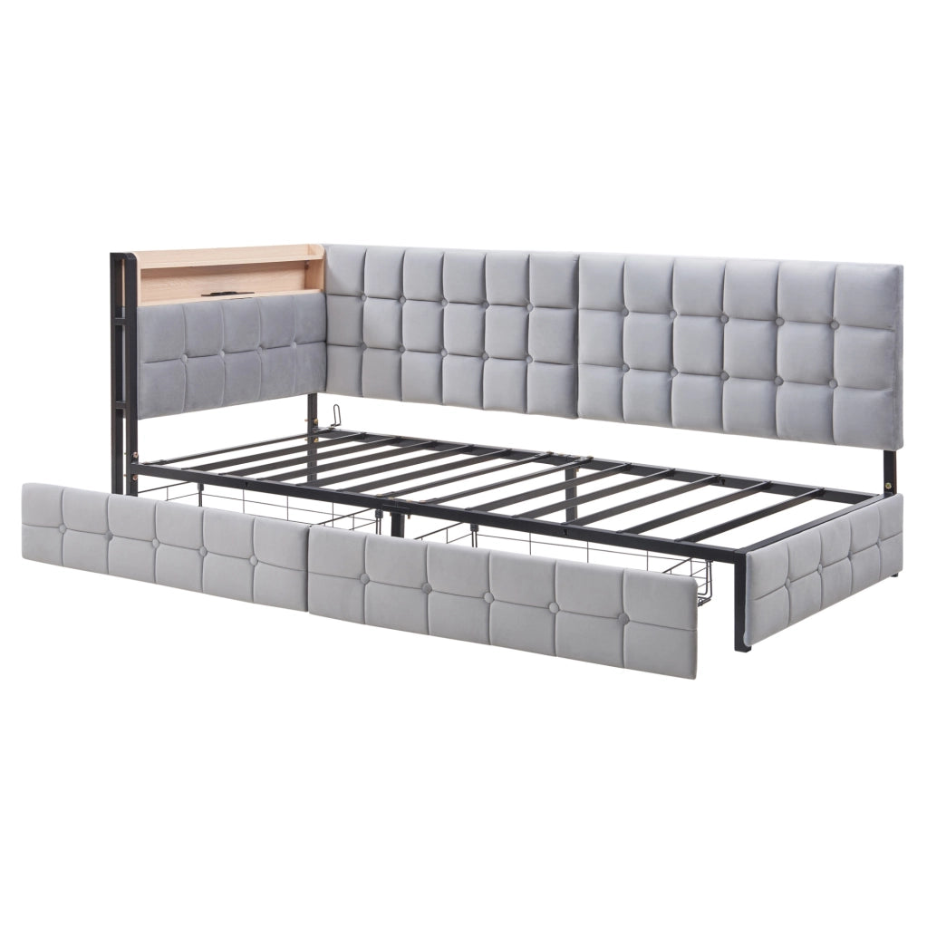 Divano letto imbottito 90x200 cm con 2 cassetti, luce LED e porte USB/Tipo-C