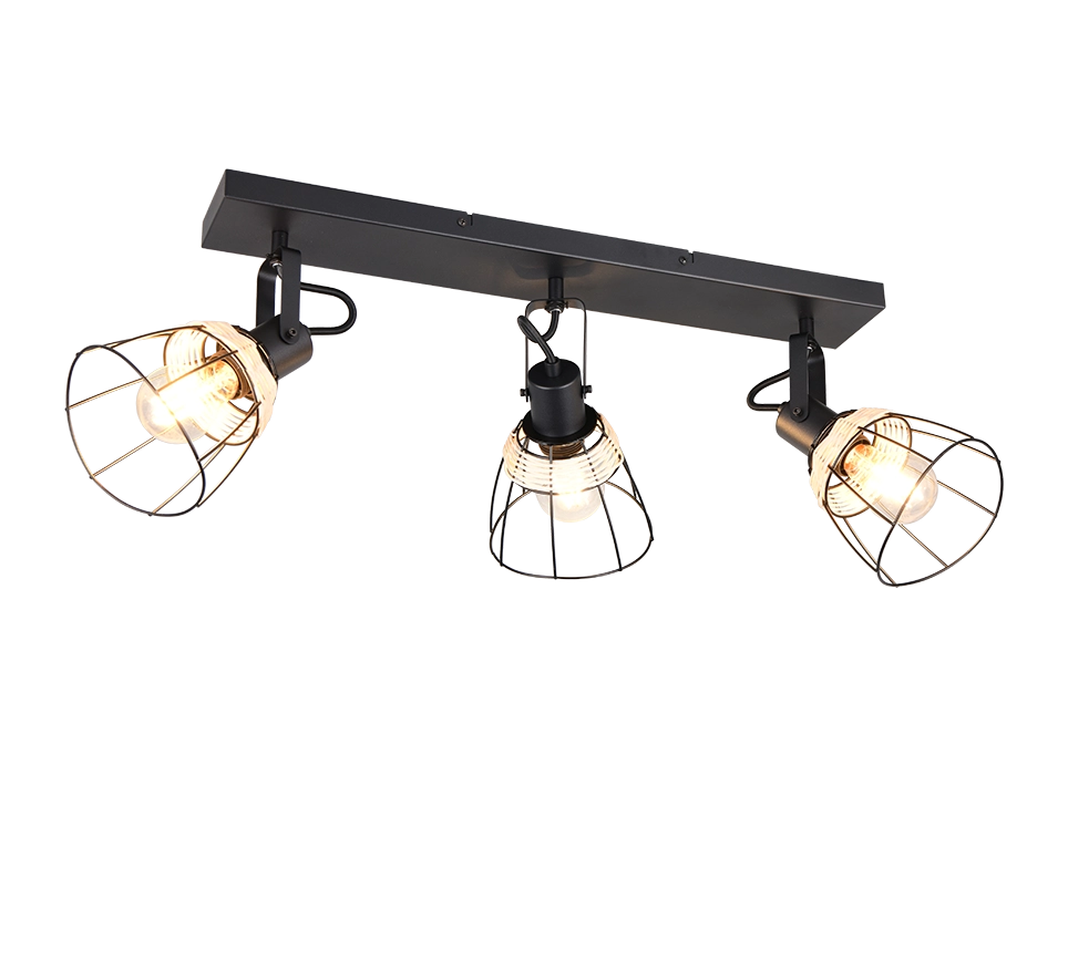 Barra 3 spots, rattan e metallo, naturale e nero, L 62 cm, Jerome