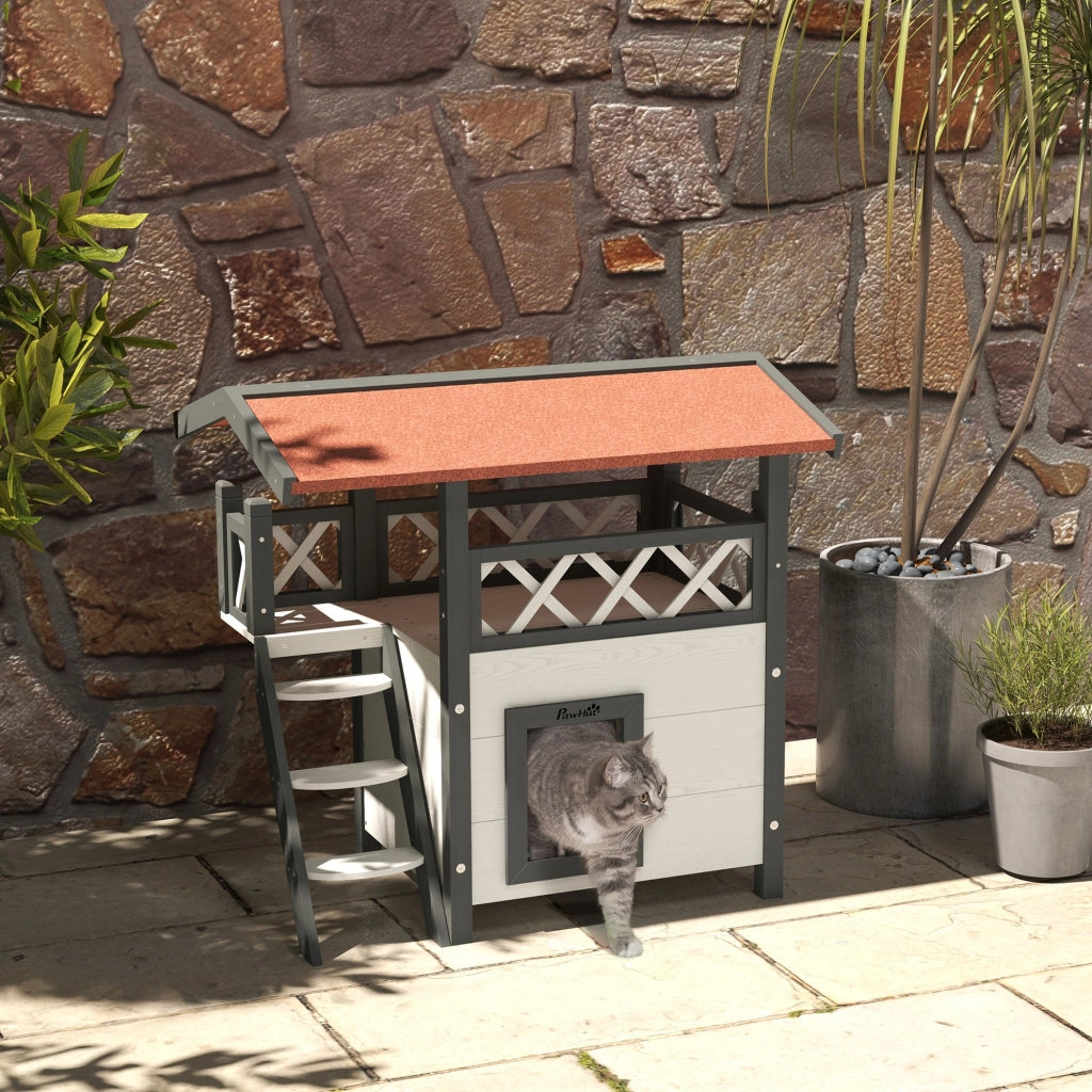 Casetta per gatti con scala e terrazza ¨C zephmum ¨C 77x50x73 cm bianco e rosso