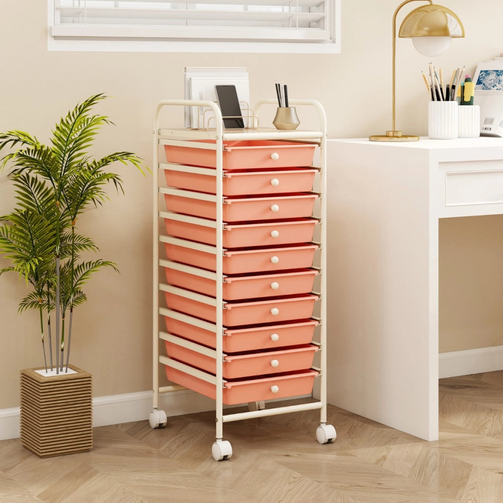 Carrello cassettiera multiuso con 10 cassetti da cucina, Contenitore con ruote a 10 ripiani per bagno Oro rosa