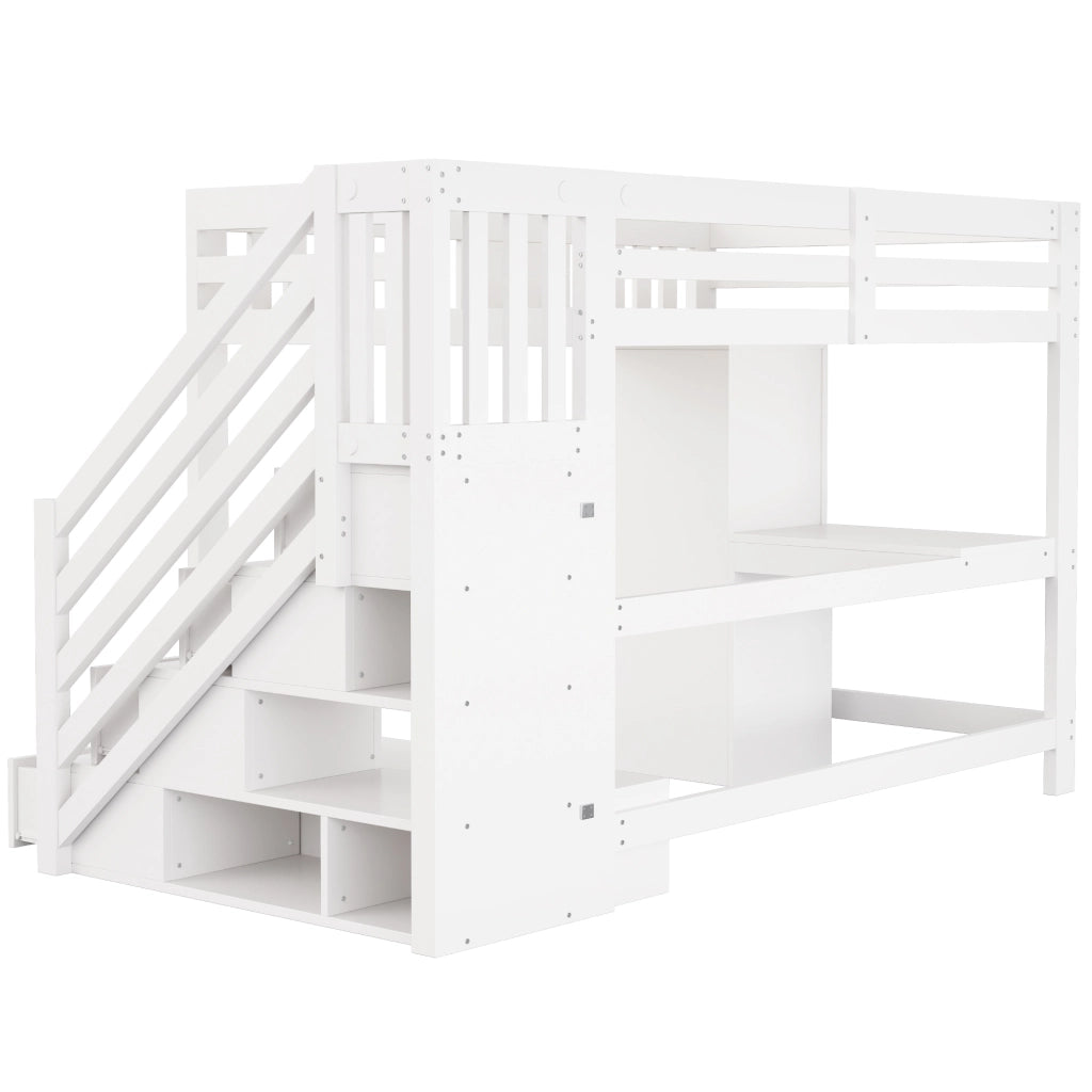 DESMIU Letto a soppalco 140 × 200 cm 2 posti con scala, scrivania, armadio, LED e panca contenitore, senza materasso
