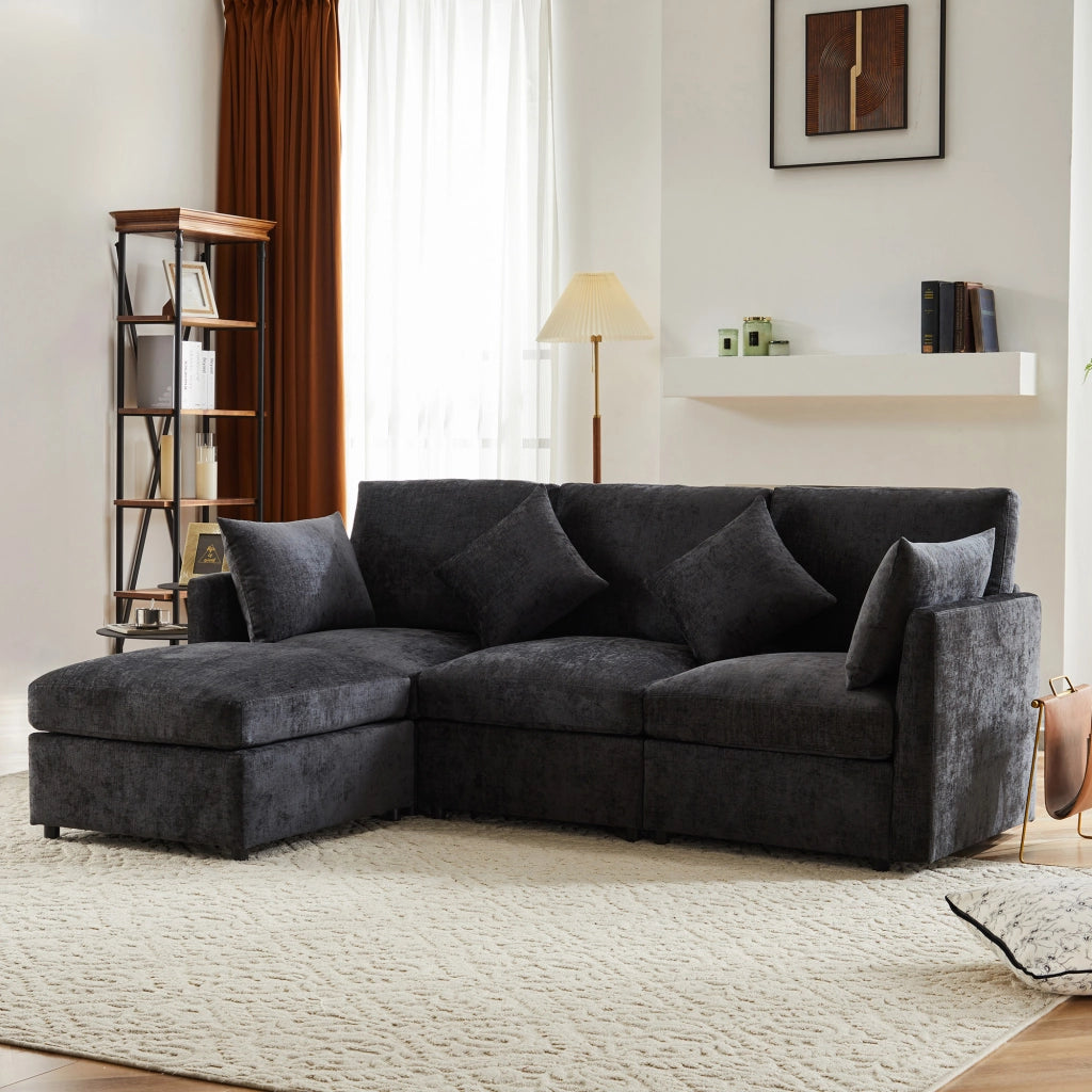 Divano modulare angolare a L con pouf mobile e 4 cuscini in ciniglia, grigio