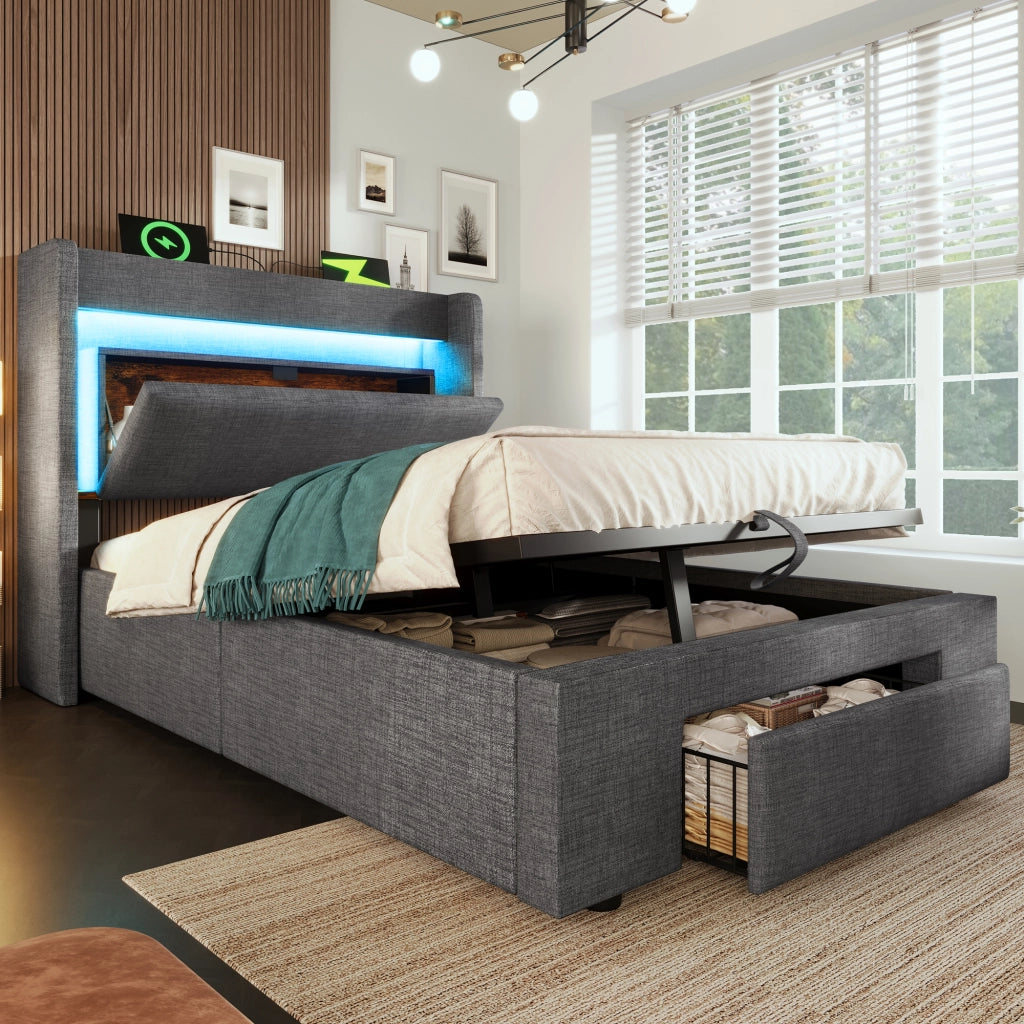 LETTO imbottito 90x200 cm con LED, porte USB e USB-C, grigio