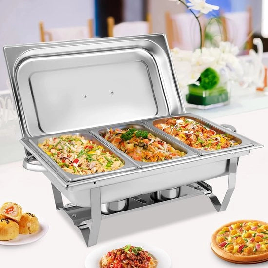 Set buffet 3-cassa in acciaio inossidabile - Cestini per catering - Con coperchio e stendibordi pieghevoli - Rifinitura a specchio - Sostenibile & facile da trasportare