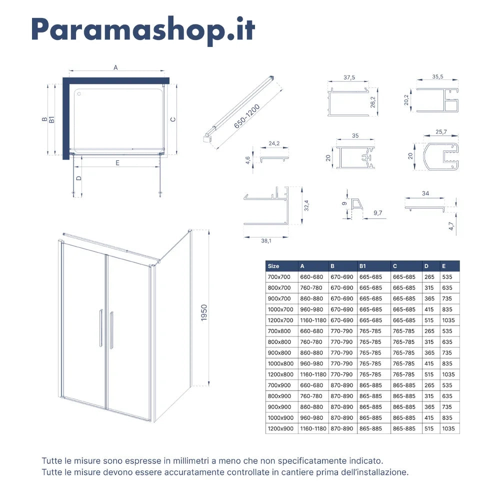 Box doccia 120x90cm con apertura saloon e parete fissa, profili nero opaco e vetro da 6mm fumè h195 | Elba