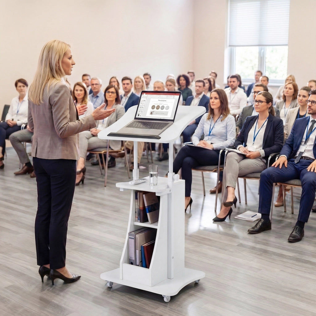 Leggio per podio in legno con altezza regolabile piano reclinabile e 2 scomparti portaoggetti, Scrivania in piedi Bianco