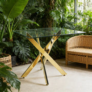Tavolo da pranzo - quadrato in vetro temperato - gambe a X cromate - 80x80x75 cm - moderno - salvaspazio