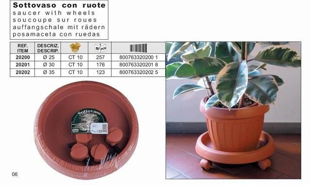 Sottovaso in plastica con ruote colore terracotta 25 cm bama