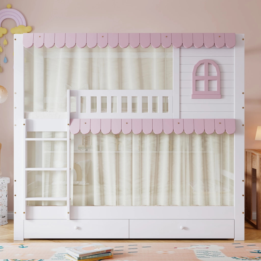 DESMIU Letto a castello bambino 90 × 200 cm 2 posti con finestre, tende, 2 cassetti, ripiani, senza materasso, bianco e rosa