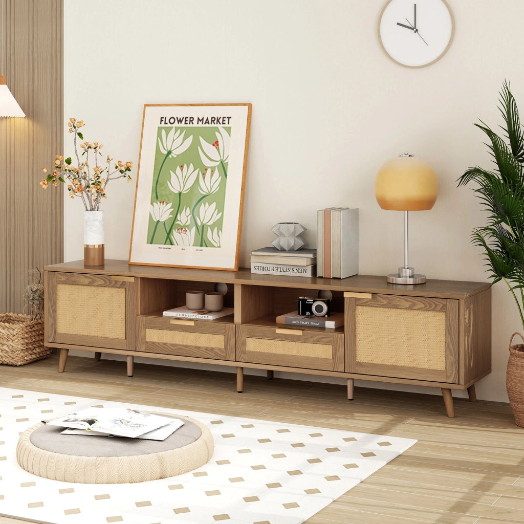Mobile TV in truciolare effetto rovere con dettagli in rattan sintetico, 200x37x49 cm, 2 ante, 2 cassetti, gambe regolabili, montaggio facile