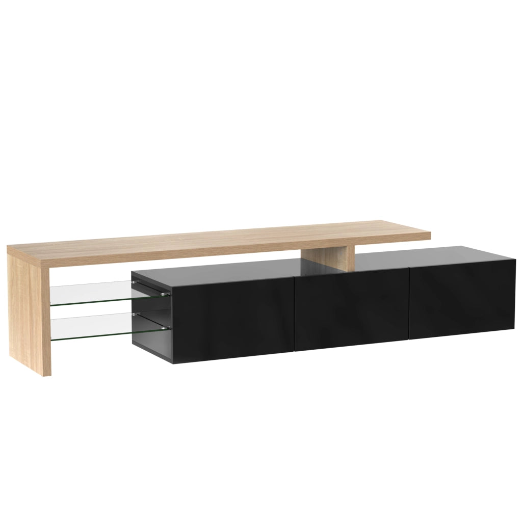 Mobile TV con 3 ante, ripiani in vetro e LED per soggiorno, in MDF e vetro, nero e legno, 197.5 × 39 × 42 cm