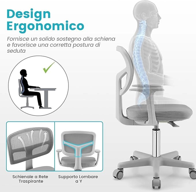Sedia per Scrivania per Bambini, Sedia per Computer con Altezza Regolabile, Ruote con Freni, Sedile Girevole a Rete, Mobile Ergonomica per Bambini 3-10 Anni (Grigio)