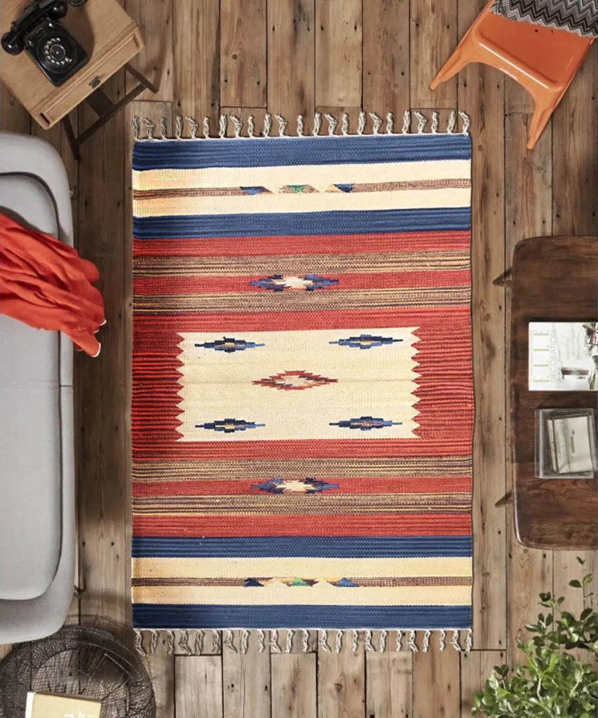 Tappeto KELIM 02 disegni etnici orientali colori vivaci cm.140x200 tessuto e frangia 100% cotone, lavabile in lavatrice