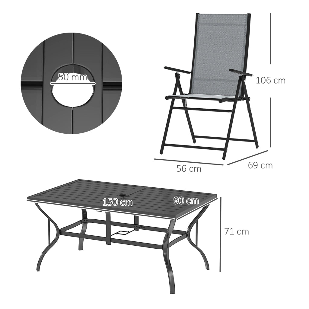 Set Salotto da Giardino 7 Pezzi con Tavolo da Pranzo con Foro per Ombrellone e 6 Sedie Pieghevoli Grigio