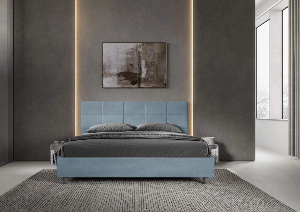 BS COM Letto matrimoniale king size con rete imbottito 200x210 microfibra azzurro