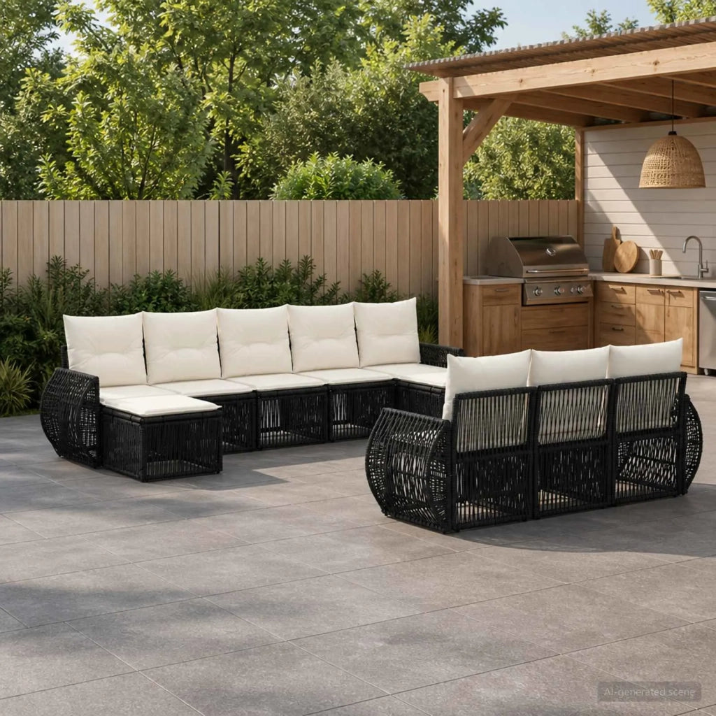 Set Divano da Giardino 10 pz Nero e Bianco Crema polyrattan 3435550