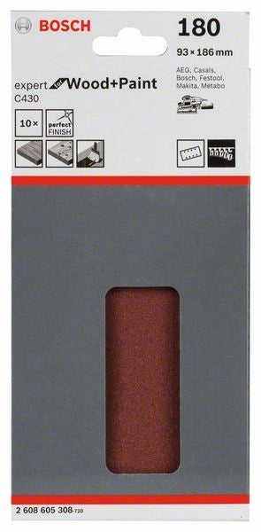 2608605308 - Set 10 Fogli abrasivi C430, 93 x 186 mm, P180, EXPERT for LEGNO+VERNICE