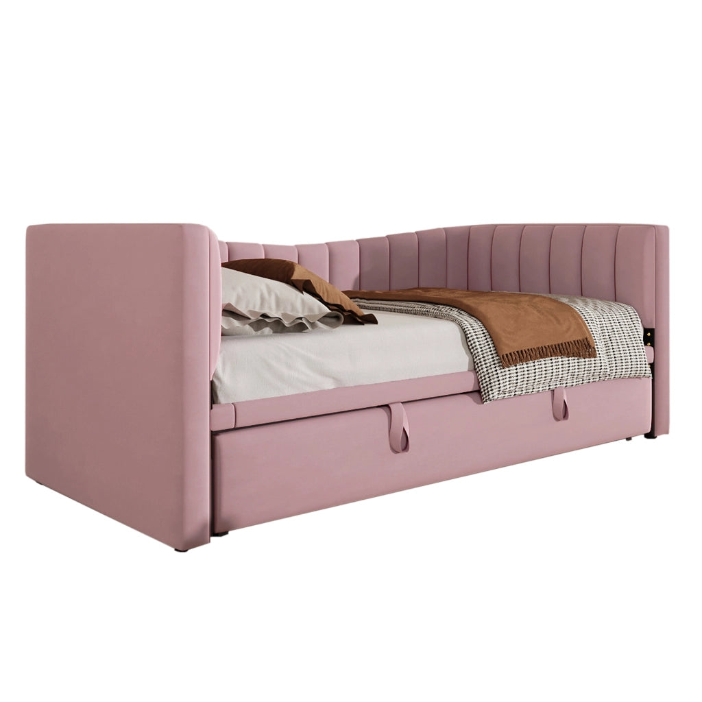 Daybed imbottito con letto estraibile 90 x 200 cm (180 x 200 cm), in velluto, rosa, senza materasso