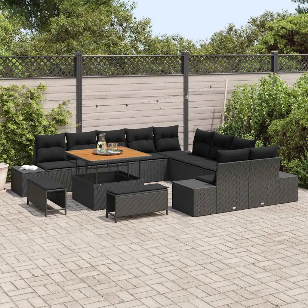 Set Divano da Giardino con cuscino 13 pcs Nero polyrattan