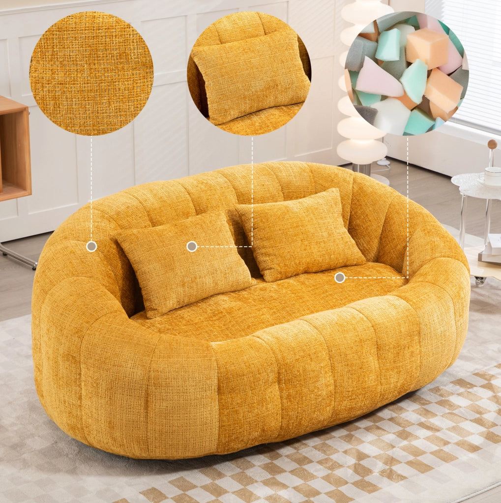 Sacco pouf divano a due posti in ciniglia gialla 150x95x63 cm; con schiuma memory