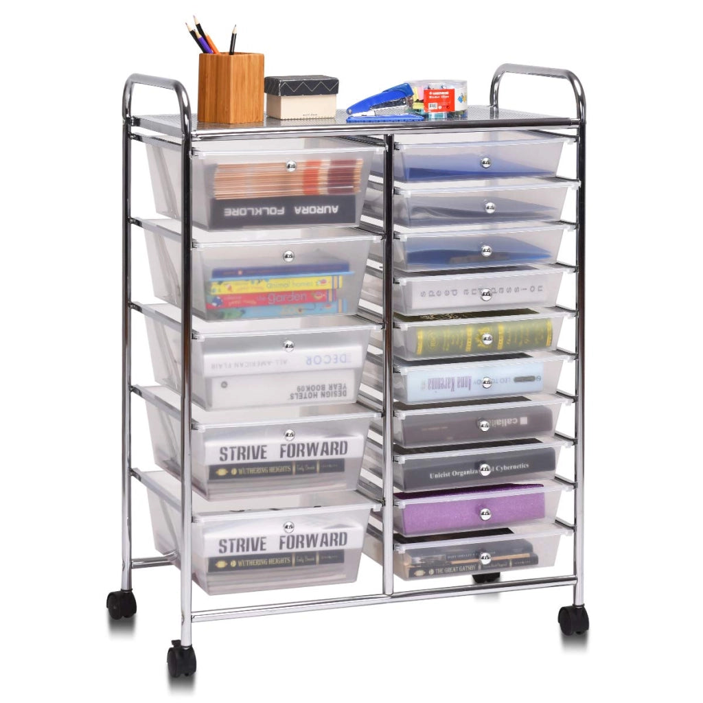 Carrello con 15 Cassetti Impilabili, Carrello di Stoccaggio con Ruote, Carello Portaoggetti per Casa e Ufficio, 62,5 x 37 x 87 cm (Chiara)